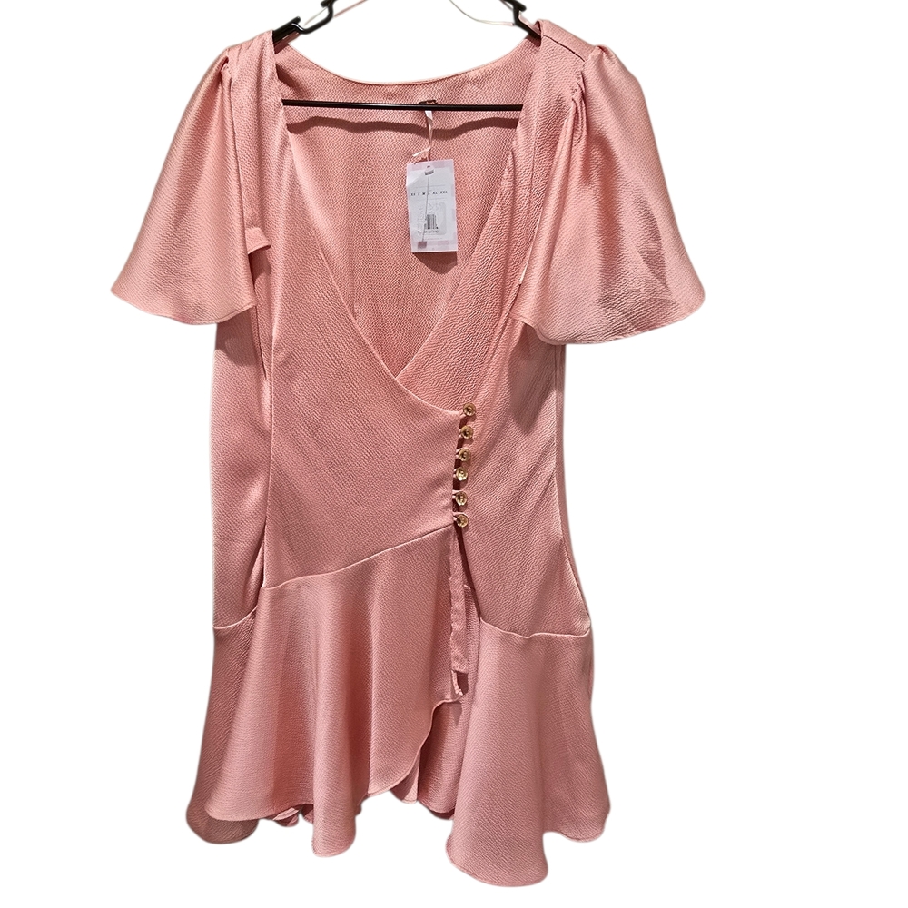 NWT Free People Blush Pink Mini Ruffle Wrap Scarlett Dress with Gold Buttons - Picture 10 of 10